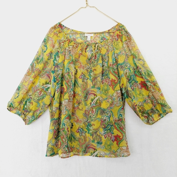 Charter Club Yellow Sheer Embroidered Neck 3/4 Sleeve Floral Pattern Top P2009 - Picture 1 of 7